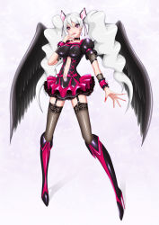 Rule 34 | 00s, 1girl, alternate hair color, alternate universe, black neckwear, bow, breasts, clothing cutout, covered erect nipples, cure peach, dark persona, earrings, fingernails, fishnet thighhighs, fishnets, fresh precure!, full body, hair ornament, highres, impossible clothes, impossible shirt, jewelry, kiryu (pixiv1983506), large breasts, long fingernails, long hair, magical girl, miniskirt, momozono love, nail polish, navel cutout, navel piercing, piercing, pink bow, pink eyes, pink skirt, precure, puffy sleeves, red nails, sharp fingernails, shirt, skirt, smile, solo, thigh strap, thighhighs, twintails, white background, white hair, wrist cuffs