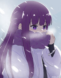 Rule 34 | 1girl, adjusting scarf, ama (ama ekaku), bracelet, braided scarf, coat, commentary request, covered mouth, cut bangs, fern (sousou no frieren), hand up, highres, jewelry, long hair, long sleeves, outdoors, partial commentary, purple eyes, purple hair, purple scarf, scarf, sidelocks, snow, snowing, solo, sousou no frieren, straight hair, twitter username, upper body, watermark, white coat, winter, winter clothes, winter coat