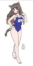 Rule 34 | 1girl, acesrulez, animal ears, bare legs, black hair, blue one-piece swimsuit, blush, breasts, extra ears, full body, hippopotamus (kemono friends), hippopotamus ears, kemono friends, large breasts, long hair, looking at viewer, multicolored hair, name tag, one-piece swimsuit, open mouth, red hair, school swimsuit, solo, swimsuit, tail, two-tone hair
