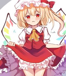Rule 34 | 1girl, ascot, blonde hair, bloomers, blurry, blush, bow, breasts, character name, closed mouth, commentary request, cowboy shot, crystal, depth of field, dorowa (drawerslove), fang, flandre scarlet, frilled shirt collar, frills, hat, hat bow, highres, lifted by self, mob cap, one side up, puffy short sleeves, puffy sleeves, red bow, red skirt, red vest, short hair, short sleeves, simple background, skirt, small breasts, solo, standing, sweat, touhou, underwear, vest, white background, white hat, wings, yellow ascot
