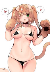 Rule 34 | 1girl, ;o, animal ears, animal hands, bare shoulders, bikini, black bikini, blush, breasts, breasts apart, brown hair, cat tail, collarbone, cowboy shot, fangs, gloves, green eyes, groin, heart, inset, long hair, looking at viewer, medium breasts, micro bikini, navel, one eye closed, open mouth, original, partially visible vulva, paw gloves, ruri rarako, simple background, solo, speech bubble, spoken heart, stomach, swimsuit, tail, twintails, underboob, white background