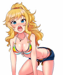 Rule 34 | 10s, 1girl, ass, belt, bikini, blonde hair, blue eyes, blush, breasts, butt crack, cleavage, front-tie top, idolmaster, idolmaster cinderella girls, leaning forward, long hair, looking at viewer, medium breasts, multicolored bikini, multicolored clothes, navel, o-ring, o-ring top, ohtsuki yui, open belt, open fly, open mouth, ponytail, shiny skin, short shorts, shorts, simple background, solo, striped bikini, striped clothes, sweat, swimsuit, unbuckled, unbuttoned, unzipped, white background, yasuhito