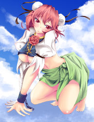 Rule 34 | 1girl, azusayumi meme, bad id, bad pixiv id, bandages, barefoot, blush, breasts, chain, chinese clothes, cloud, cuffs, day, double bun, female focus, flower, highres, ibaraki kasen, large breasts, navel, puffy sleeves, red eyes, red hair, rose, short hair, short sleeves, sky, solo, touhou, underboob