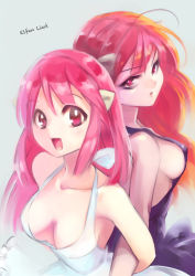 Rule 34 | 00s, 2girls, ahoge, back-to-back, breasts, cleavage, copyright name, dress, dual persona, elfen lied, grey background, horns, kironabei, large breasts, long hair, looking at viewer, lucy (elfen lied), multiple girls, nyuu, open mouth, pink eyes, pink hair, sideboob, simple background, smile