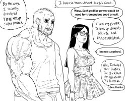 Rule 34 | 1boy, 1girl, asymmetrical arms, bb (baalbuddy), breasts, collarbone, commentary, coomer (meme), dress, english commentary, english text, facing away, glasses, greyscale, highres, long hair, meme, monochrome, muscular, muscular male, original, parted lips, simple background, speech bubble, tank top, veins, veiny arms, white background
