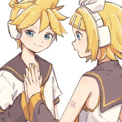 Rule 34 | 1boy, 1girl, aqua eyes, arm warmers, bad id, bad twitter id, bare shoulders, black collar, blonde hair, bow, collar, commentary, grey collar, hair bow, hair ornament, hairclip, headphones, highres, holding hands, kagamine len, kagamine rin, m0ti, nail polish, necktie, open mouth, palms together, sailor collar, school uniform, shirt, short hair, short ponytail, short sleeves, shoulder tattoo, sketch, sleeveless, sleeveless shirt, smile, spiked hair, swept bangs, tattoo, upper body, vocaloid, white background, white bow, white shirt, yellow nails, yellow neckwear