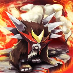 Rule 34 | animal focus, artist request, brown fur, creatures (company), entei, fire, full body, game freak, gen 2 pokemon, glowing, glowing eyes, highres, legendary pokemon, looking at viewer, nintendo, no humans, orange eyes, outdoors, pokemon, pokemon (creature), simple background, solo, spikes, standing, white hair