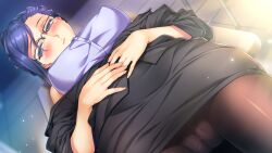 Rule 34 | 1girl, blush, breasts, cameltoe, covered erect nipples, desk, embarrassed, female focus, formal, from above, game cg, glasses, hair bun, hikage eiji, indoors, large breasts, legs, looking at viewer, lying, megasuki! ~kanojo to boku no megane jijou~ toono shiori hen, open suit, original, own hands together, panties, panties under pantyhose, pantyhose, purple eyes, purple hair, skirt, solo, suit, teacher, thighs, toono shiori, underwear, upskirt