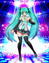Rule 34 | 1girl, black thighhighs, blue eyes, blue hair, blue nails, detached sleeves, full body, genzoman, hatsune miku, long hair, looking at viewer, nail polish, necktie, open mouth, panties, pantyshot, revision, signature, skirt, smile, solo, stage, standing, striped clothes, striped panties, thighhighs, twintails, underwear, very long hair, vocaloid