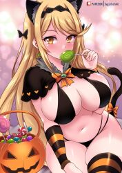 Rule 34 | 1girl, animal ears, blonde hair, bow, breasts, candy, cat ears, cat tail, cleavage, commentary, cowboy shot, curvy, earrings, english commentary, food, halloween, holding, holding candy, holding food, holding lollipop, jewelry, large breasts, lollipop, looking at viewer, midriff, mythra (xenoblade), navel, solo, stomach, striped clothes, striped thighhighs, sugarbell, swept bangs, tail, tail bow, tail ornament, thighhighs, wide hips, xenoblade chronicles (series), xenoblade chronicles 2