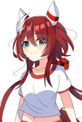 Rule 34 | 1girl, absurdres, alternate costume, animal ears, blush, breasts, closed mouth, collarbone, commentary request, green eyes, hair between eyes, hair ornament, highres, horse ears, horse girl, horse tail, long hair, looking at viewer, low twintails, navel, portrait, red hair, shirt, solo, tail, twintails, umamusume, white background, win variation (umamusume), ziromaru765