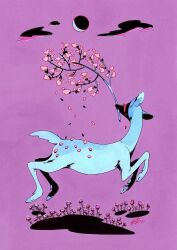 Rule 34 | animal, animal focus, black clouds, blood, bloody tears, blue fur, branch, crescent moon, crying, deer, falling petals, fawn, fleebites, flower, holding, holding branch, jumping, moon, no humans, original, petals, pink flower, pink petals, purple background, red flower, shadow, simple background, traditional media