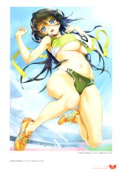 Rule 34 | 1girl, :d, absurdres, armpits, arms up, bare legs, black hair, blue eyes, breasts, cleavage, day, hair between eyes, happoubi jin, highres, hip focus, large breasts, long hair, navel, open mouth, original, outdoors, scan, shoes, sky, smile, sneakers, solo, thighs, track uniform, underboob