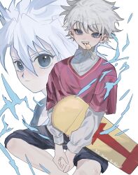 Rule 34 | 1boy, birthday, blue eyes, child, dated, happy birthday, highres, holding, holding skateboard, hunter x hunter, killua zoldyck, layered sleeves, long sleeves, looking at viewer, male focus, nen (hunter x hunter), short hair, short over long sleeves, short sleeves, shorts, simple background, skateboard, smile, white background, white hair, ziyuuuuuuda