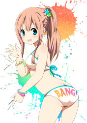 Rule 34 | 1girl, ass, bangle, bikini, blue eyes, bracelet, brown hair, butt crack, clothes writing, gradient background, hair ornament, hair tie, jewelry, leaning forward, long hair, open mouth, original, paint splatter, pointing, ponytail, ragho no erika, smile, solo, star (symbol), star hair ornament, swimsuit, waving