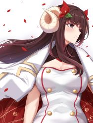 Rule 34 | 1girl, adone (pluemza021), azur lane, breasts, brown eyes, brown hair, buttons, cleavage, coat, coat on shoulders, curled horns, double-breasted, highres, horns, jacket, large breasts, long hair, looking to the side, open clothes, open coat, petals, simple background, solo, suruga (azur lane), upper body, white background, white coat, white jacket