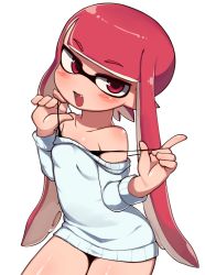 Rule 34 | 1girl, absurdres, bare shoulders, blush, bra strap, breasts, fang, female focus, half-closed eyes, highres, inkling, inkling girl, inkling player character, lakilolom, looking at viewer, mask, nintendo, off shoulder, open mouth, red eyes, red hair, sidelocks, small breasts, solo, splatoon (series), strap pull, sweater, tentacle hair