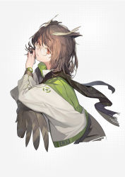 Rule 34 | 1girl, absurdres, arknights, black scarf, brown eyes, brown hair, feather hair, feathers, glasses, hand in own hair, highres, jacket, long sleeves, looking at viewer, medium hair, scarf, silence (arknights), simple background, solo, upper body, white background, wulifeng