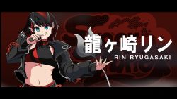 Rule 34 | 1girl, absurdres, black hair, black jacket, black sports bra, blue eyes, breasts, chain, character name, commentary request, demon girl, demon horns, demon tail, grin, highres, holding, holding microphone, horns, jacket, large breasts, letterboxed, looking at viewer, maki-kun, microphone, midriff, multicolored hair, nanashi inc., navel, open clothes, open jacket, pointy ears, red hair, red sports bra, ryugasaki rene, ryugasaki rene (1st costume), short hair, smile, solo, sports bra, sugar lyric, tail, two-tone hair, typo, underboob, v-shaped eyebrows, virtual youtuber, zipper