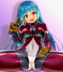 Rule 34 | 1girl, blue hair, blush, bodysuit, breasts, cropped jacket, honda takaharu, kula diamond, long hair, looking at viewer, open mouth, red eyes, smile, solo, the king of fighters, v over eye, very long hair