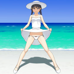 Rule 34 | 1girl, beach, black eyes, black hair, blue sky, blurry, blurry background, bow, bow panties, braid, clear sky, closed mouth, clothes lift, commentary request, day, dress, dress lift, hat, horizon, legs apart, lifted by self, looking at viewer, low twintails, maburu (lojyq1eur3e8bit), medium hair, ocean, original, outdoors, panties, sandals, shadow, short dress, side-tie panties, sky, sleeveless, sleeveless dress, smile, solo, standing, striped clothes, striped panties, sun hat, sundress, twin braids, twintails, underwear, white dress, white footwear, white hat