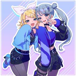 Rule 34 | 2girls, akabino, belt, black skirt, blonde hair, blue belt, blue eyes, blue footwear, blue hair, blue jacket, bow, choker, commentary, crop top, hair bow, hair ornament, hairclip, hatsune miku, headset, highres, jacket, kagamine rin, long hair, long sleeves, medium hair, multiple girls, open clothes, open jacket, open mouth, pantyhose, parted bangs, project sekai, skirt, smile, tongue, twintails, vivid bad squad miku, vivid bad squad rin, vocaloid, white bow