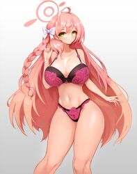 Rule 34 | 1girl, ahoge, blue archive, blush, bra, braid, breasts, bright pupils, cleavage, collarbone, feet out of frame, gradient background, green eyes, groin, halo, hanako (blue archive), highres, large breasts, long hair, looking at viewer, navel, notte, panties, pink bra, pink hair, pink panties, simple background, smile, solo, stomach, underwear, underwear only, very long hair