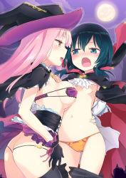Rule 34 | 2girls, ass, black gloves, black hair, black legwear, black panties, blue eyes, blunt bangs, blush, bra, breast press, breasts, butt crack, cape, capelet, chloe withers, cloud, commentary request, corset, fangs, frills, from side, full moon, gloves, halloween, hat, highres, homura subaru, hug, large breasts, lillian ljungstrom, long hair, looking at another, moon, multiple girls, navel, night, no bra, open clothes, open mouth, open shirt, original, outdoors, panties, pink hair, profile, ribbon, shirt, sky, small breasts, smile, string bra, string panties, thighhighs, thong, tongue, tongue out, underwear, white shirt, witch hat, wrist ribbon, yellow eyes, yellow panties, yuri