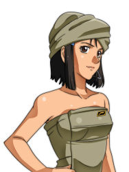 Rule 34 | 1girl, bare shoulders, black hair, brown eyes, collarbone, female focus, gundam, gundam lost war chronicles, hair ornament, hairclip, hand on own hip, lips, looking at viewer, mochi mame, naked towel, neck, shiny skin, short hair, simple background, smile, solo, towel, towel on head, upper body, white background, yuki nakasato