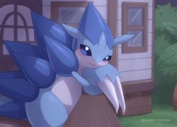 Rule 34 | against fence, alolan form, alolan sandslash, blue eyes, blush, building, commentary request, creatures (company), fence, from side, game freak, gen 7 pokemon, grass, kajinchu, leaning forward, looking at viewer, looking to the side, night, nintendo, no humans, open mouth, outdoors, pokemon, pokemon (creature), sky, smile, solo, star (sky), tongue, twitter username, window