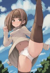Rule 34 | 1girl, absurdres, blue sky, blunt bangs, blush, brown eyes, brown hair, brown thighhighs, cameltoe, closed mouth, cloud, commentary request, commission, cowboy shot, day, dress, foot up, from below, high kick, highres, kicking, long sleeves, looking away, motion blur, navel, original, outdoors, panties, pantyshot, pixiv commission, ribbed sweater, short hair, sky, smile, solo, standing, standing on one leg, susu (ysy), sweater, sweater dress, thighhighs, tree, turtleneck, turtleneck sweater, underwear, white panties
