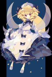 Rule 34 | 1girl, ahoge, black bow, black ribbon, blonde hair, bow, commentary, crescent, dress, drill hair, expressionless, fairy wings, frilled dress, frills, full body, hair ribbon, highres, long sleeves, looking at viewer, luna child, medium hair, moon phases, nikorashi-ka, one-hour drawing challenge, puffy long sleeves, puffy sleeves, red eyes, ribbon, shoes, skirt hold, socks, solo, star (symbol), touhou, white dress, white footwear, white headwear, white socks, wide sleeves, wings