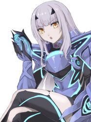 Rule 34 | 1girl, armor, armored dress, black thighhighs, blue armor, blue dress, breastplate, breasts, crossed legs, dress, melusine (fate), melusine (first ascension) (fate), fate/grand order, fate (series), faulds, forked eyebrows, gauntlets, highres, kino kokko, long hair, looking at viewer, mask, open mouth, pauldrons, short dress, shoulder armor, sidelocks, small breasts, solo, thighhighs, thighs, white hair, yellow eyes
