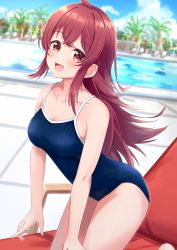 Rule 34 | 1girl, :d, ass, breasts, competition school swimsuit, competition swimsuit, highres, idolmaster, idolmaster shiny colors, kneeling, komiya kaho, long hair, looking at viewer, medium breasts, miso (misomiso 154), one-piece swimsuit, open mouth, pool, red eyes, red hair, school swimsuit, seiza, sidelocks, sitting, smile, solo, swimsuit
