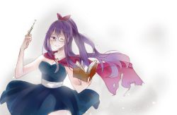 Rule 34 | 1girl, anbour, book, cape, fairy tail, glasses, laki olietta, long hair, one eye closed, purple eyes, purple hair, simple background, solo, white background