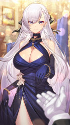 Rule 34 | 1boy, 1girl, alternate costume, azur lane, bare shoulders, belfast (azur lane), belfast (the noble attendant) (azur lane), blue dress, blue gloves, blurry, blurry background, blush, bracelet, braid, breasts, chain, cleavage, closed mouth, commander (azur lane), commentary request, dress, elbow gloves, eyes visible through hair, gloves, hair between eyes, hair ribbon, halter dress, halterneck, highres, indoors, jewelry, large breasts, long hair, looking at viewer, necklace, outstretched arm, pov, purple eyes, ribbon, silver hair, smile, solo focus, takamine nadare, thighs, very long hair, white gloves