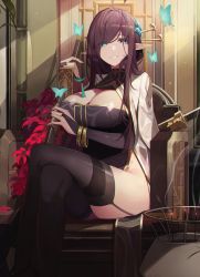 Rule 34 | 1girl, absurdres, aqua eyes, bare hips, black thighhighs, breasts, brown hair, bug, butterfly, china dress, chinese clothes, cleavage, crossed legs, dress, flower, garter straps, hair ornament, highres, holding, holding sword, holding weapon, huge breasts, insect, large breasts, long hair, looking at viewer, original, orn, parted lips, pointy ears, red flower, shiny clothes, shiny skin, sitting, smile, solo, sword, thighhighs, weapon