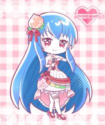 Rule 34 | 1girl, artist request, blue hair, bow, chibi, closed mouth, commentary, cosplay, dress, english commentary, english text, hair ornament, heart, highres, hinanawi tenshi, idolmaster, long hair, looking at viewer, microphone, red eyes, smile, solo, symbol-shaped pupils, touhou, very long hair