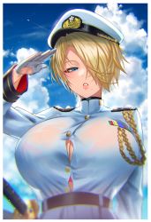 Rule 34 | 1girl, absurdres, aiguillette, aircraft, airplane, anima (togashi), asymmetrical hair, belt, black belt, blonde hair, blue eyes, blue sky, blurry, bra visible through clothes, breasts, bursting breasts, button gap, buttons, cleavage, cloud, cloudy sky, coat, commentary, contrail, depth of field, epaulettes, expressionless, gloves, hair over one eye, half gloves, hat, highres, huge breasts, katana, lips, long sleeves, looking at viewer, military, military hat, military uniform, mole, mole under mouth, original, parted bangs, parted lips, peaked cap, salute, see-through, sheath, sheathed, short hair, sky, solo, sword, symbol-only commentary, uniform, upper body, weapon, wet, wet clothes, white coat, white gloves, white hat