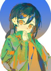 Rule 34 | 1girl, black hair, blue background, circle, closed mouth, colorful, commentary, finger to mouth, gradient background, green jacket, hair behind ear, hair between eyes, head tilt, high collar, highres, jacket, light smile, long sleeves, looking at viewer, low ponytail, medium hair, mizumi zumi, multicolored background, open clothes, open jacket, original, raised eyebrows, shirt, solo, upper body, white background, yellow background, yellow eyes, yellow shirt