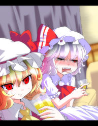 Rule 34 | &gt; o, 2girls, ascot, blonde hair, disgust, flandre scarlet, glass, hat, highres, letterboxed, manatsu no yo no inmu, multiple girls, one eye closed, open mouth, ramutaizumu, red eyes, remilia scarlet, short hair, siblings, sisters, tears, tongue, tongue out, touhou, wince, wink