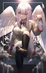 Rule 34 | 1girl, :3, angel, angel wings, arm support, black socks, blush, breasts, brown cardigan, cardigan, cross hair ornament, feathered wings, feathers, feet, flower, foot out of frame, gabriel dropout, hair ornament, hani haya, highres, holding, holding shoes, kneehighs, leg up, light purple hair, long hair, long sleeves, looking at viewer, medium breasts, no shoes, raphiel shiraha ainsworth, red skirt, school uniform, shoes, unworn shoes, sidelocks, sitting, skirt, socks, solo, uwabaki, white flower, white footwear, white wings, wings, yellow eyes