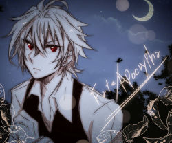 Rule 34 | 1boy, ahoge, fate/apocrypha, fate (series), hibito hanken, looking at viewer, male focus, moon, night, night sky, pale skin, red eyes, shirt, sieg (fate), sky, solo, star (sky), starry sky, waistcoat, white shirt