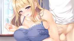 Rule 34 | 1girl, armpit sex, armpits, bare shoulders, blonde hair, blue eyes, blush, bottomless, breasts, breasts squeezed together, censored, cleavage, day, embarrassed, game cg, head out of frame, hozumi kaoru, huge breasts, incest, indoors, itsu made mo musuko no mama ja irarenai! sewazuki aoi kaa-san no muchimuchi oppai ni amaete ippai shasei shitai!, long hair, mosaic censoring, mother and son, original, parted lips, penis, penis under another&#039;s clothes, smile, standing, takasato aoi, window