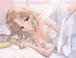 Rule 34 | 1girl, artist request, bare shoulders, blanket, blurry, blurry background, bottle, bra, breasts, brown eyes, brown hair, commentary request, fingernails, highres, ichikawa hinana, idolmaster, idolmaster shiny colors, large breasts, long hair, looking at viewer, lying, nail polish, on bed, on side, pillow, pink nails, pov, pov hands, solo focus, under covers, underwear, white bra