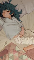 Rule 34 | 1girl, arm up, barefoot, bed, blanket, closed eyes, closed mouth, commentary, feet up, from above, green hair, hand on own stomach, highres, long hair, loose hair strand, messy hair, midriff peek, on bed, pajamas, pillow, russian commentary, sasha (servachok), servachok, sleeping, sleepwear, solo, white pajamas, wrinkled fabric