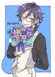 Rule 34 | 1boy, ;), arm behind back, bellflower, black hair, black shirt, blue background, blue eyes, blue ribbon, border, bouquet, bungou to alchemist, character name, chinese bellflower, collared shirt, cowboy shot, edogawa ranpo (bungou to alchemist), flower, gloves, hair between eyes, hand up, holding, holding bouquet, long sleeves, looking at viewer, low ponytail, male focus, monocle, one eye closed, outside border, pants, purple flower, ribbon, rose, shirt, short hair, signature, smile, standing, tasikanakoto, vest, white border, white flower, white gloves, white pants, white rose, white vest