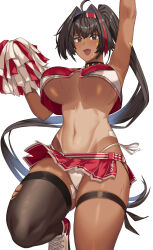 Rule 34 | 1girl, ahoge, arm up, armpits, bandaid, bandaid on arm, bandaid on hip, bandaid on stomach, bandaid on thigh, bare shoulders, bay (nikke), black collar, black hair, breasts, brown eyes, cheerleader, collar, commentary request, crop top, cropped shirt, dark-skinned female, dark skin, fang, goddess of victory: nikke, groin, hai ookami, hair between eyes, hair intakes, highleg, highleg panties, highres, holding, holding pom poms, large breasts, lock, long hair, looking at viewer, miniskirt, mole, mole on stomach, mole under mouth, multicolored hair, navel, one-piece tan, open mouth, padlock, padlocked collar, panties, partial commentary, pleated skirt, pom pom (cheerleading), pom poms, ponytail, red shirt, red skirt, shirt, shoes, side-tie panties, sidelocks, simple background, single thighhigh, skindentation, skirt, sleeveless, sleeveless shirt, sneakers, solo, spiked collar, spikes, standing, standing on one leg, star sticker, sticker on face, stomach, streaked hair, sweat, tan, tanline, thigh strap, thighhighs, torn clothes, torn thighhighs, underboob, underwear, white background, white footwear, white panties