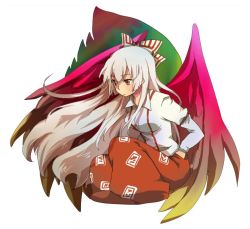 Rule 34 | 1girl, bad id, bad pixiv id, bow, female focus, fujiwara no mokou, hair bow, hair ribbon, kuzumiya yuyu, long hair, red eyes, ribbon, silver hair, sitting, solo, suspenders, touhou, white background, wings