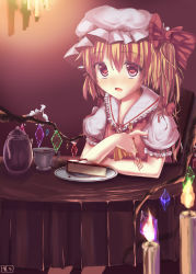 Rule 34 | 1girl, ascot, blonde hair, blush, cake, candle, cup, eating, embodiment of scarlet devil, fang, female focus, flandre scarlet, food, fork, hat, highres, open mouth, plate, red eyes, shinonome ukyu, short hair, side ponytail, sitting, smile, solo, teacup, teapot, touhou, twintails